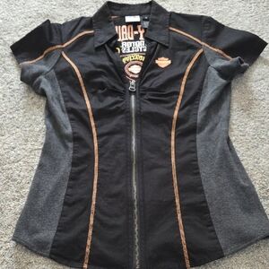 Harley-Davidson Black and Gray Button-Front Top with Orange Trim